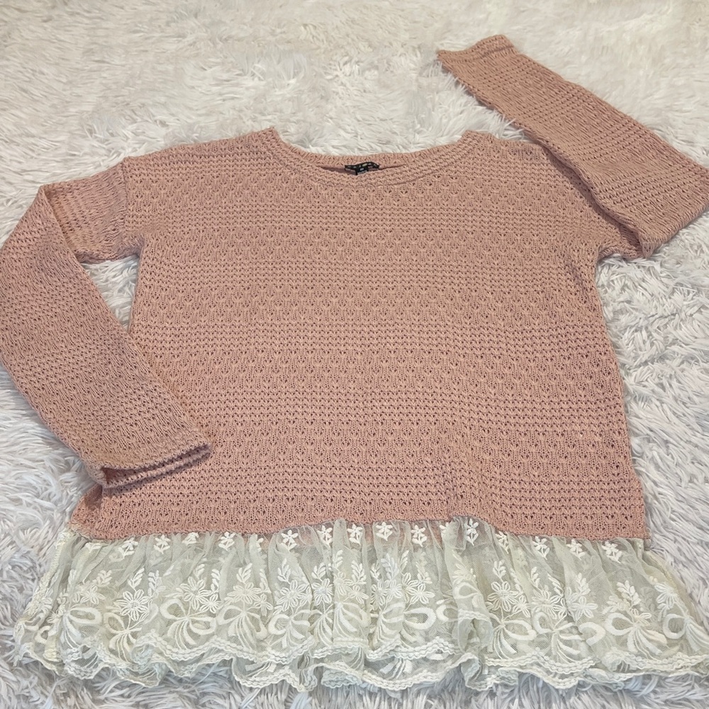 CHLOAH Pink Knit Sweater with Lace Hem WOMENS SIZE M